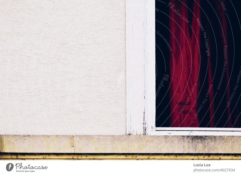 A dark red curtain in an old window, partial view of the facade Drape Red Blood Red Old Window Window frame Facade Gloomy Curtain Day