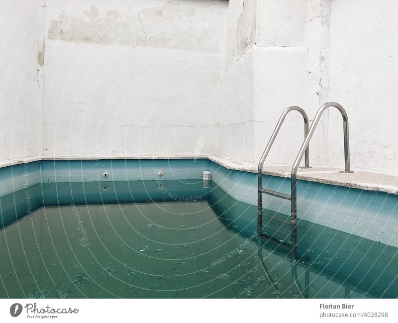 Filled brick swimming pool in a backyard with entry ladder after the winter Backyard Swimming pool Wall (barrier) Wall (building) Deserted Facade Courtyard