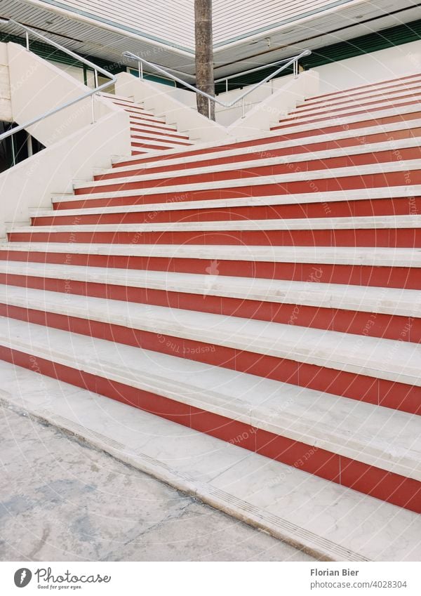 Large outdoor staircase with red steps to the first floor Stairs Staircase Line lines graphically Banister stagger rail Architecture Upward Downward Go up