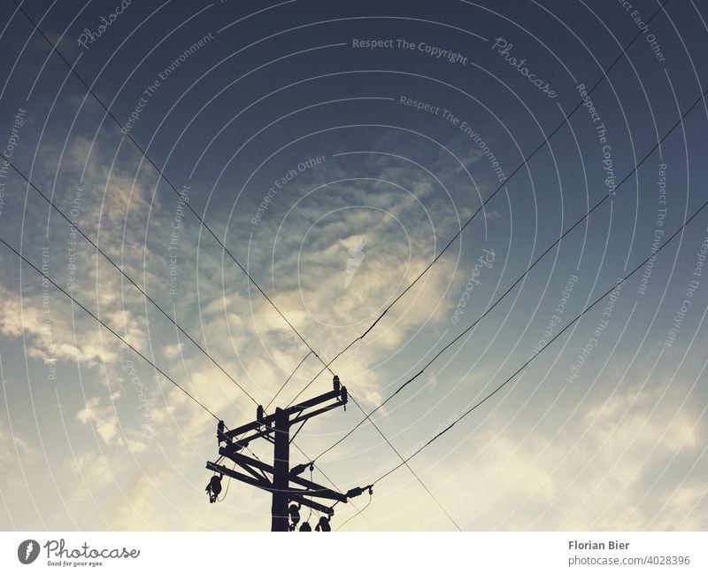 Silhoutte of a power pole with power lines in front of a cloudy sky at sunset Electricity pylon Power consumption stream Energy industry High voltage power line