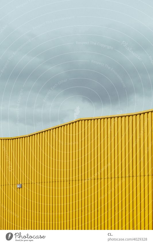 Yellow Hall Industrial area Warehouse Abstract Architecture Factory Building Sky Industrial zone Clouds Exterior shot Deserted