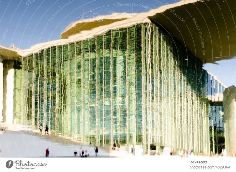 Spreebogen reflects modern architecture Marie-Elisabeth-Lüders-House Modern architecture Facade Surface of water Reflection Germany Capital city Berlin hazy Sky