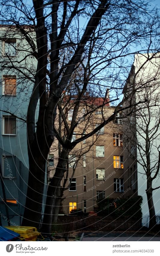 Twilight in the backyard Old building on the outside Fire wall Facade Window House (Residential Structure) Sky Sky blue rear building Backyard Courtyard