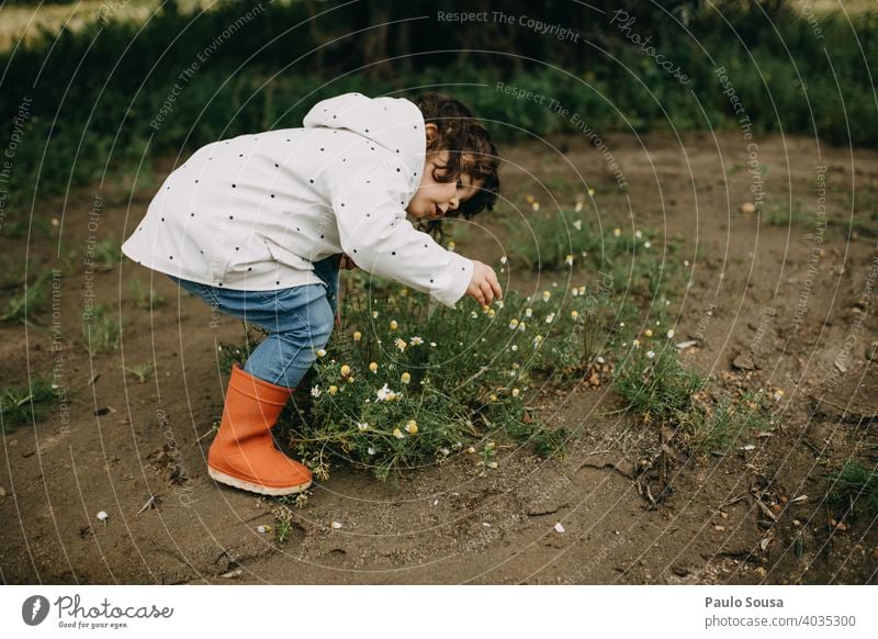 Child picking spring flowers Spring Spring fever Spring flower childhood Spring day Blossoming Day Garden Exterior shot Plant Colour photo Flower Nature