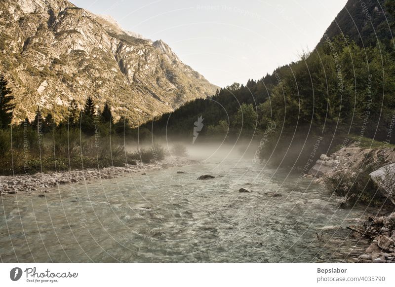 The fog on the Soca river, Slovenian Julian Alps alps brook clean clear cloud cloudy cold creek dark dramatic europe flow forest fresh isonzo julian landscape