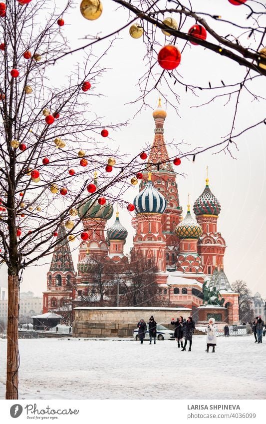 Moscow, Russia - February 21, 2021: Saint Basil's Cathedral in center city on Red Square in snowy winter, Moscow, Russia moscow travel culture architecture