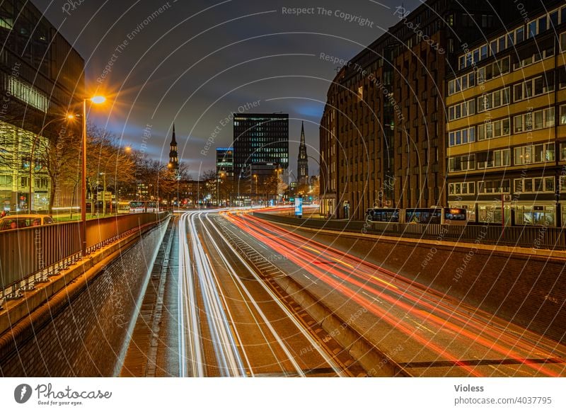 At night in Hamburg Night Willy-Brandt-Strasse Tracers St.Katharine Church St. Nicholas Church office building Kontorhausviertel Transport Dark Illuminated