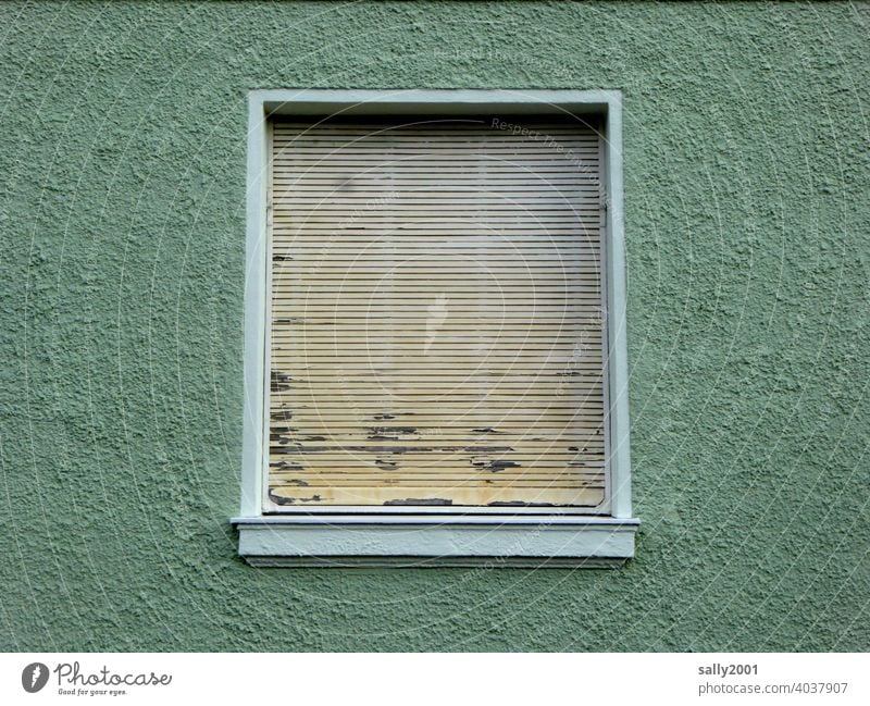 blackout... Facade Green Window Venetian blinds Closed tight Old Broken peeled off House (Residential Structure) Wall (building) Roller shutter Building