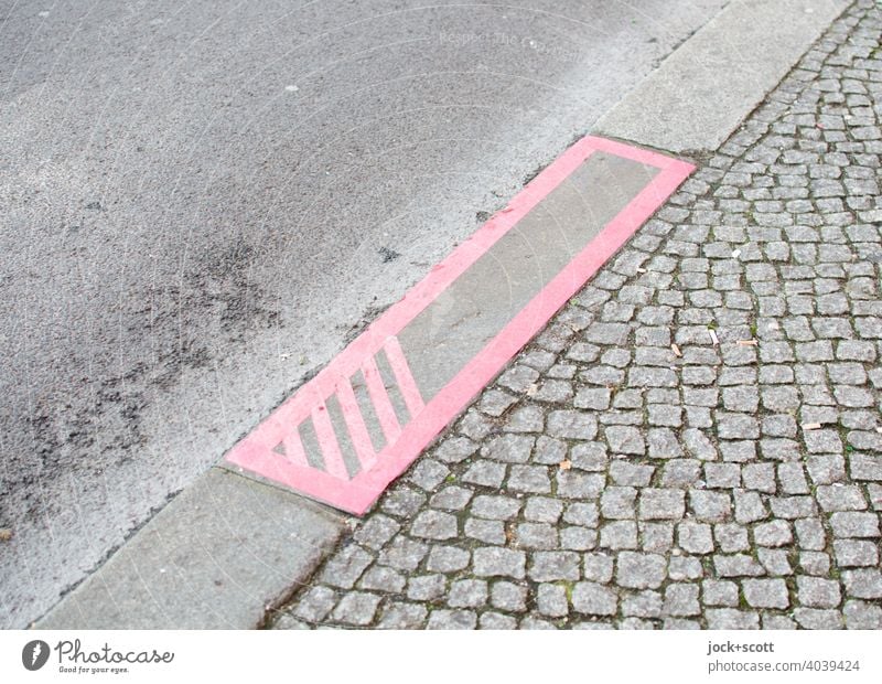 Forms of art in public space Sidewalk Street Detail Asphalt Cobblestones Gray Berlin Street art Curbside adhesive tape Structures and shapes Pattern Rectangle