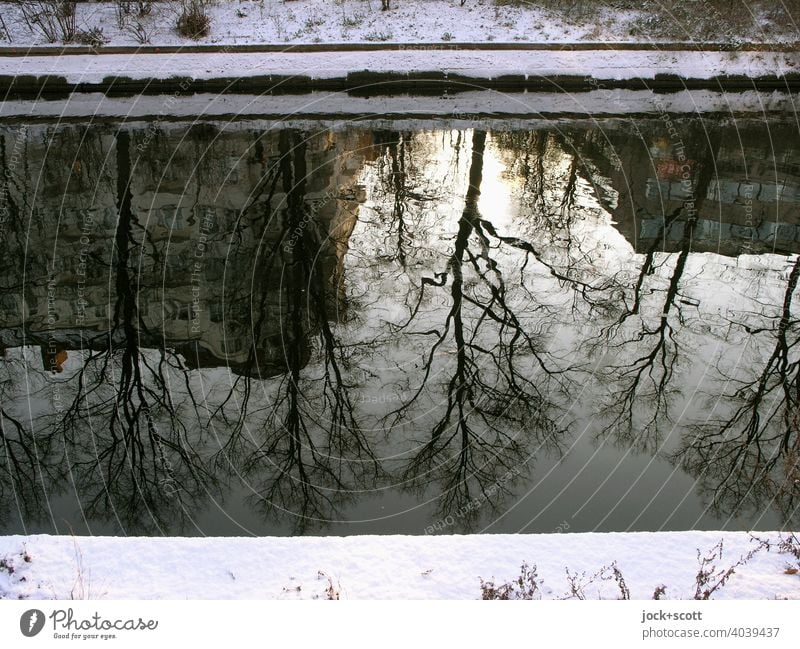 The wintry Landwehrkanal reflects shapes and light Winter Snow Sunlight Reflection Nature Berlin Surface of water Light (Natural Phenomenon)