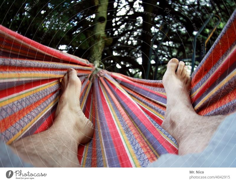 hang out Hammock Feet Skin Masculine Garden Environment Summer Contentment Relaxation Calm chill Break Goof off Weekend Barefoot Happy Warmth Serene Comfortable