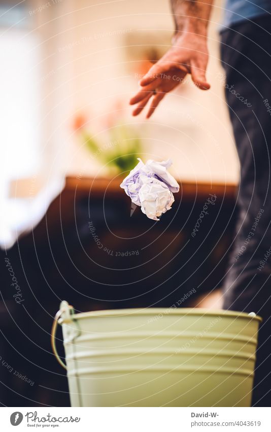 off to the trash - man throws a ball of paper into the trash can Trash Throw away frustrated rubbish bin Hand Man Dispose of False Recycling paper ball Paper