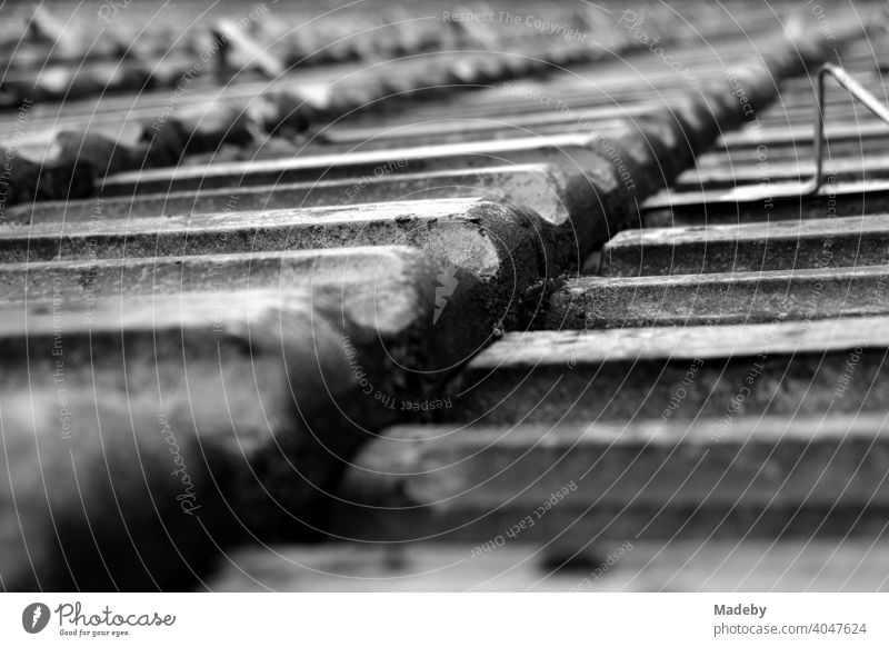 Old shingle from the roof of a farmhouse in Rudersau near Rottenbuch in the Allgäu in the district of Weilheim-Schongau in Upper Bavaria, photographed in classic black and white