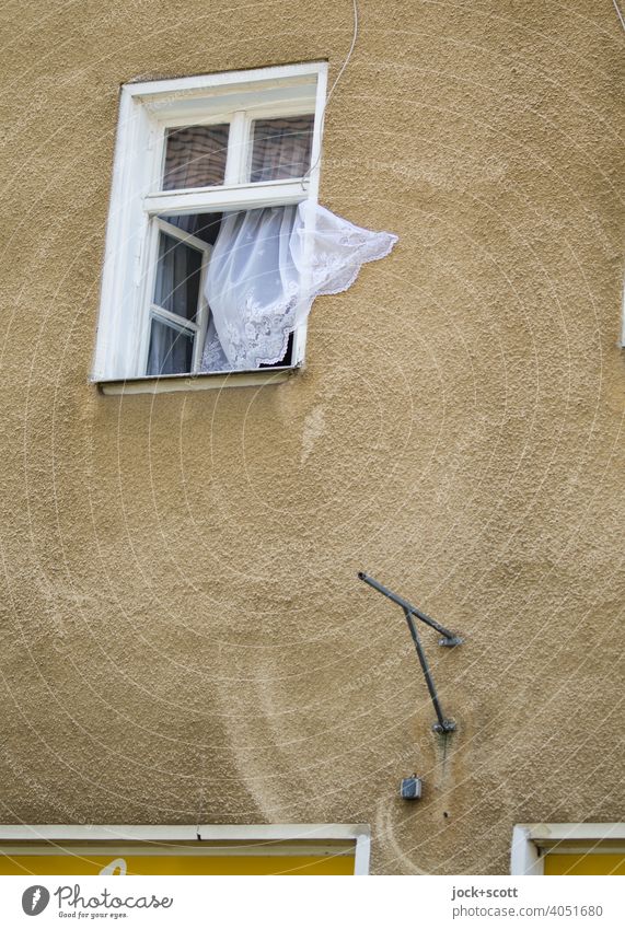 curtain gone with the wind Window Facade Curtain Authentic Above Brown Back draft Blown away Ventilate Open Background picture Neutral Background Franconia