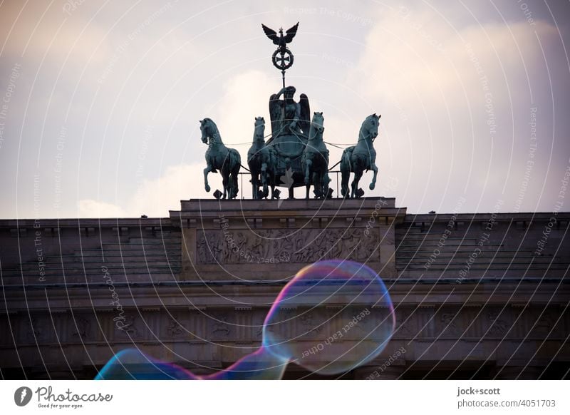 Brandenburg Gate and the bubbles Sightseeing Historic Tourist Attraction Landmark Capital city Quadriga Pariser Platz Berlin Sky Clouds Soap bubble Back-light