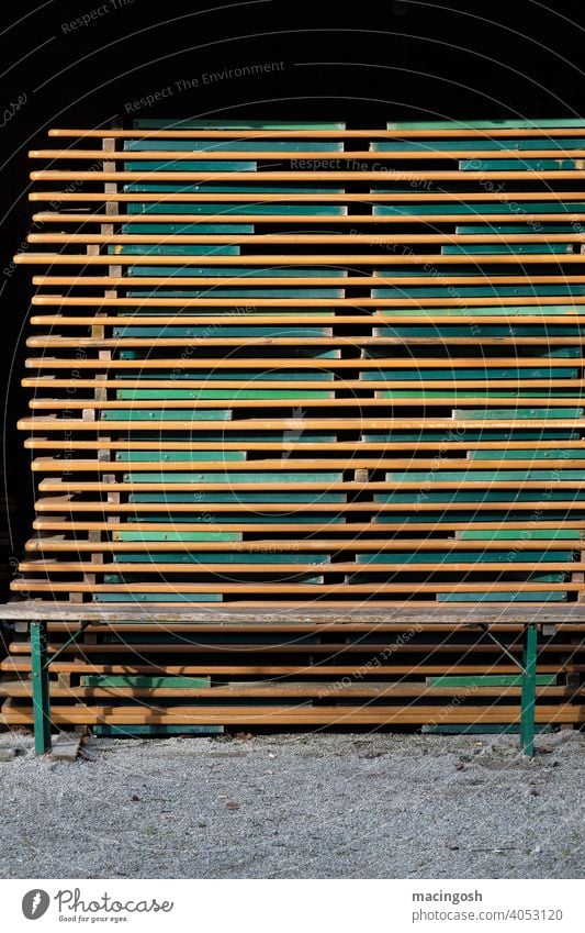 Stacked beer tables during the lockdown Lockdownlife Beer table stacking Gastronomy Beer garden beer garden season resignatio bankruptcy closure