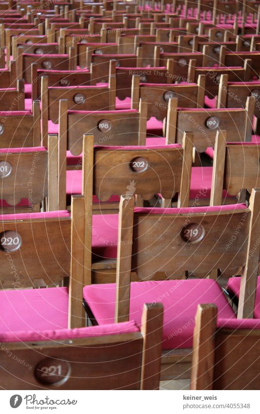 Empty chairs with seat numbers as a symbol for not fancy events. No theatre, no culture, no life. Culture Theatre Numbers series Hall Concert Deserted nobody