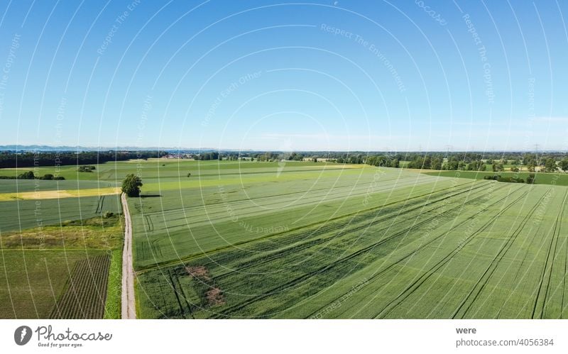 View from the air over agricultural land towards the Alps Area flight aerial view agricultural area agricultural fields alps bird's eye view copy space