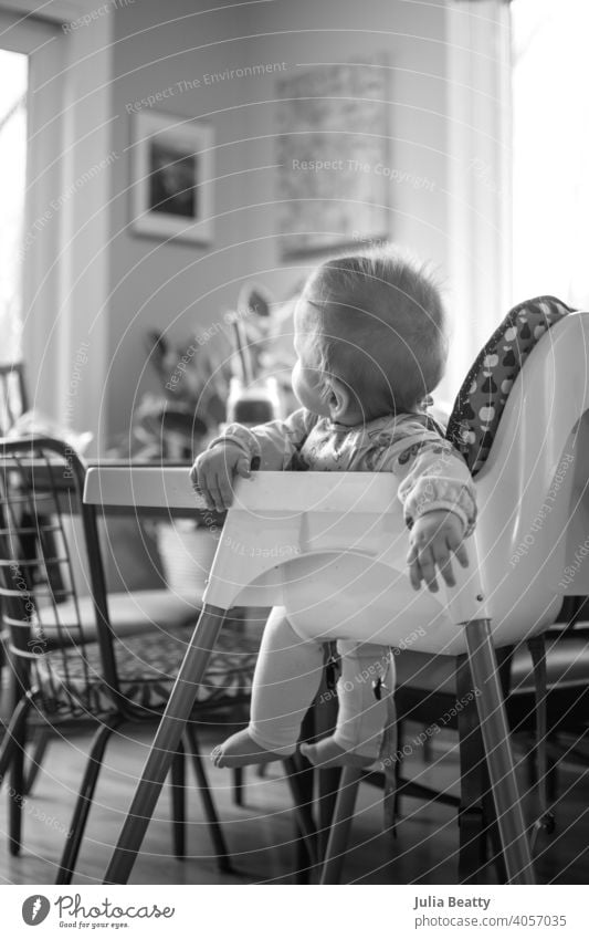 Young baby sitting in high chair looking towards window; interior of home with vintage furniture baby led weaning first foods finger foods bib feed child hand