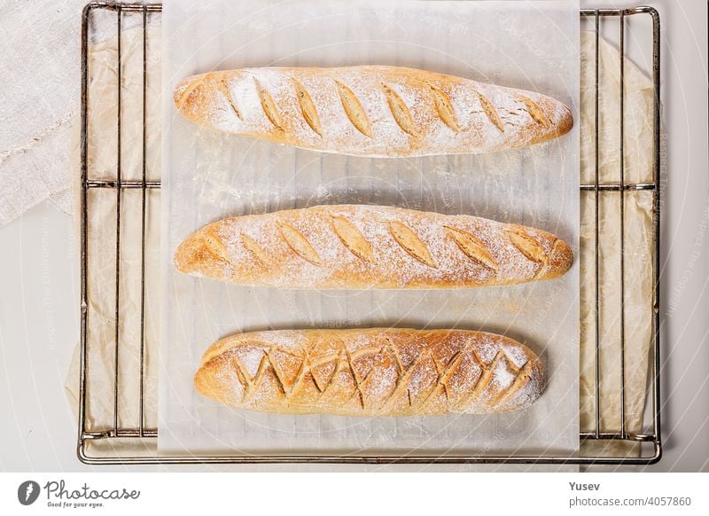 Homemade fresh mouth-watering sourdough baguettes. Homebaked bread. Top view homemade mouth watering sourdough bread homebaked top view loaf artisan bakery meal