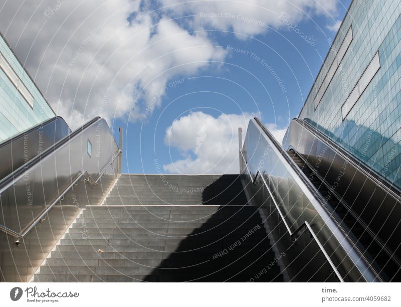 urban underworld Stairs Escalator service technique sunny Shadow Sky Clouds Worm's-eye view Fresh Building Architecture Wall (building) reflection Deserted