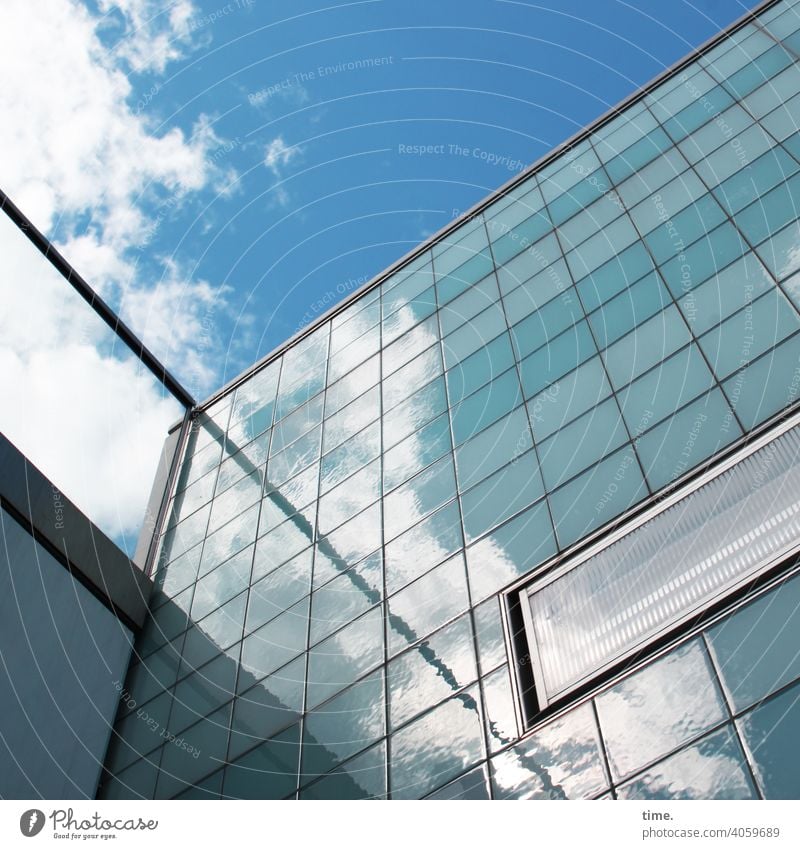 nasty tile Building Architecture urban tiles sunny Glass Shadow Sky Clouds Worm's-eye view Fresh Wall (building) reflection Deserted Lonely Tall up