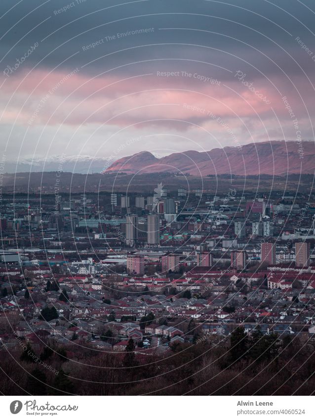 View of Glasgow at dusk Scotland uk united kingdom City urban Mountain Dusk Evening Skyline cityscape view