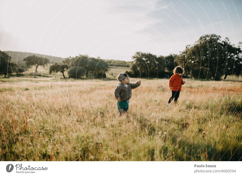 Brother and sister playing in the fields Flower meadow Brothers and sisters Family & Relations 1 - 3 years Human being Child Infancy Colour photo Toddler