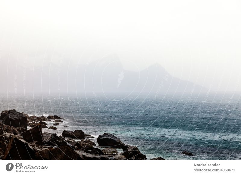 Rain and fog over the sea in Lofoten Lofotes Ocean coast Water vacation Waves Fog Wind Gale Rock mountains rocky coast ocean North Atlantic Mountain range Wild