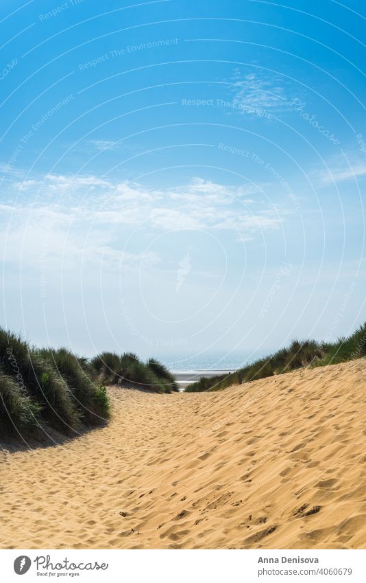 Sandy Formby Beach  near Liverpool on a sunny day formby beach liverpool UK england coast north west unusual hot Merseyside summer britain clear blue sky