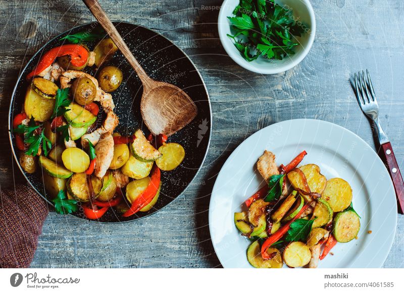 tasty healthy farm style dinner - chicken breast baked with seasonal vegetables potato pepper meat turkey food meal roasted zucchini lunch cuisine grilled onion