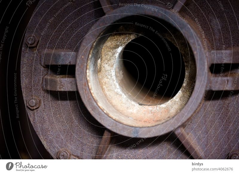 Steelworks, colliery , open flange of an old fireclay pipe for the transport of hot material in a colliery. Steel extraction Steel factory Mine Industry