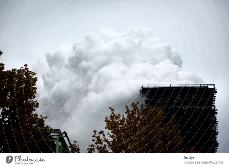 Extinguishing tower of the steelworks Thyssen-Krupp coking plant in Duisburg. enormous steam cloud, extinguishing cloud which arises during the cooling of hot coke in a wooden tower, the extinguishing tower.