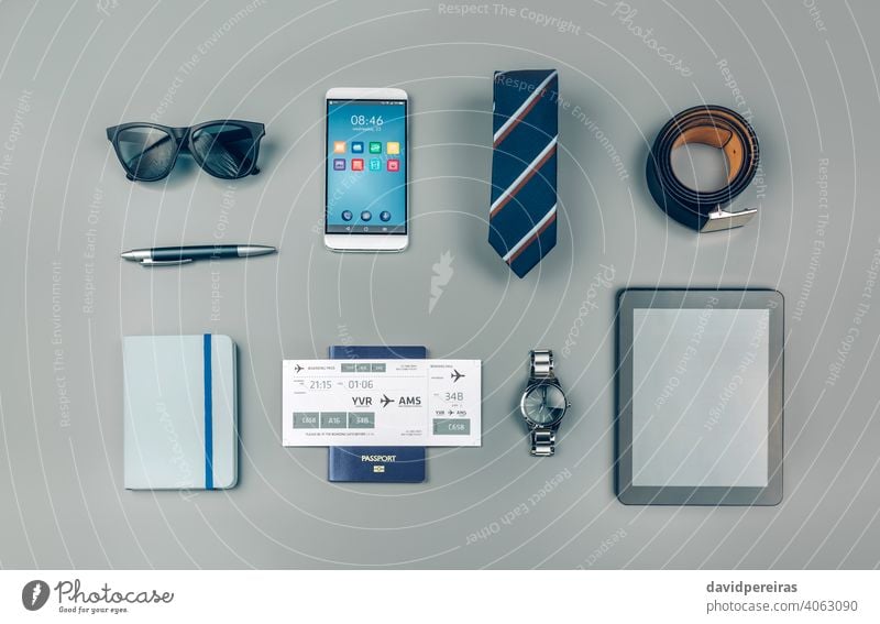 Set with businessman trip accessories businessman accessories business trip set executive travel background wallpaper nobody passport plane ticket camera