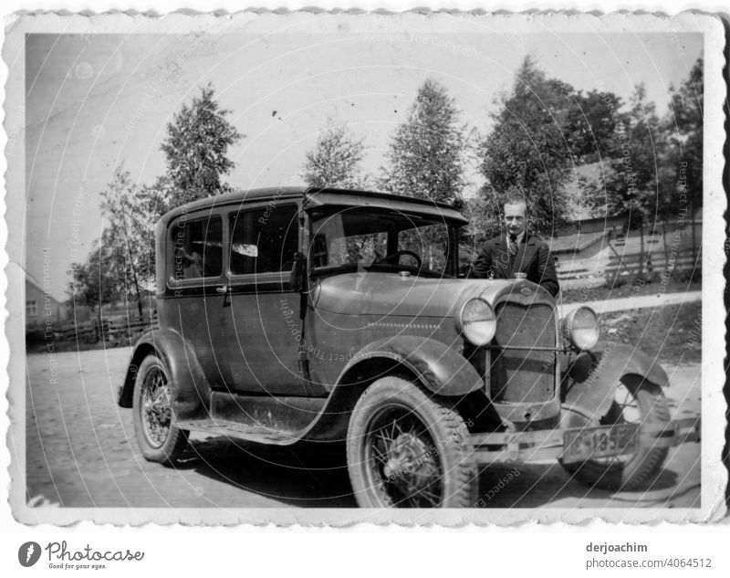 A proud car owner in 1936 in Gdansk, with his fancy runabout. automobile Car Vehicle Old Nostalgia Vintage car Detail Historic Elegant Antique Style