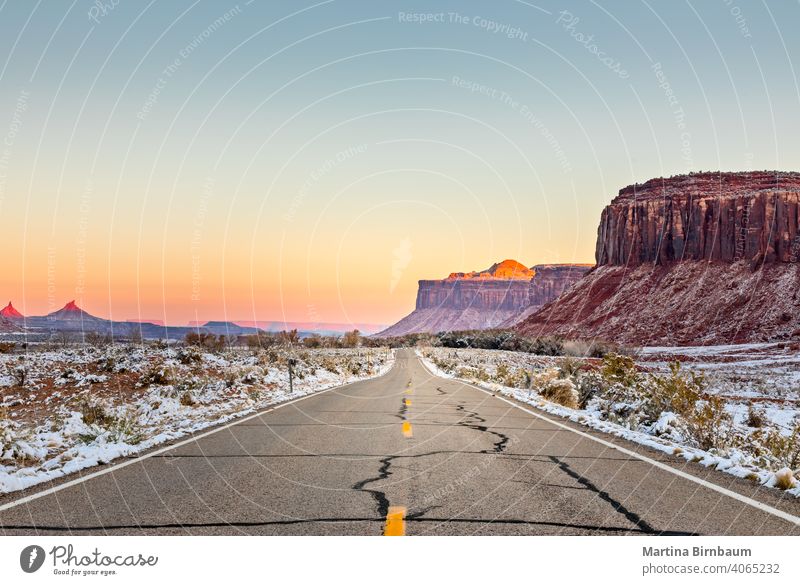 Early winter, Road leading to the Needles Overlook in Utah with snow forward canyonlands national park arches national park valley utah tourism usa travel road