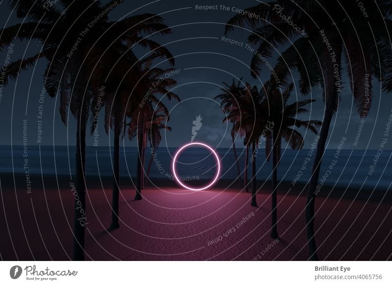 Circular neon portal illuminates palm avenue at night Abstract Avenue background Beach beach promenade pretty Blue Bright coast Copy Space Decoration