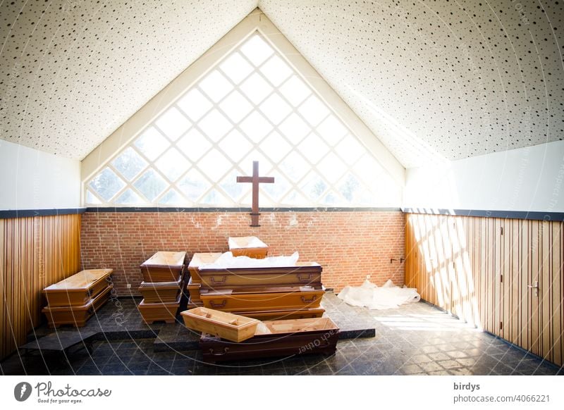 Funeral hall in the village of Immerath at the Garzweiler 2 opencast lignite mine, which has now been completely destroyed by the energy supplier RWE. Many coffins are ready for reburial.