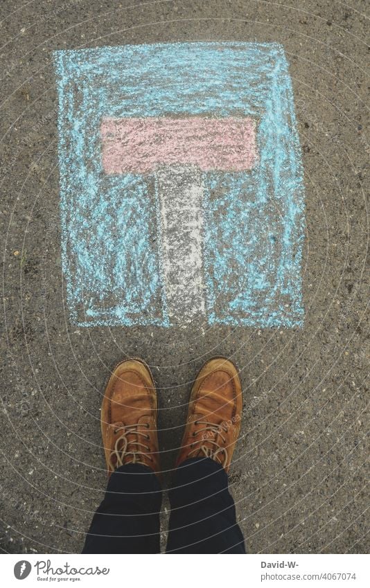 Dead end - no way forward here Dead end sign Without prospects No through road End unpromising block Man Helplessness Chalk concept