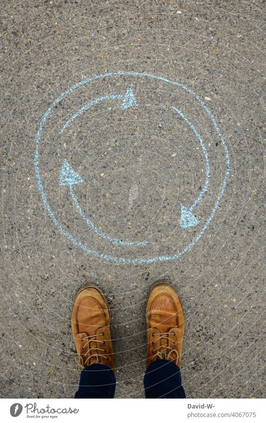 Cycle of life - chalk / drawing circulation Life Chalk concept feet Procedure turn Man Footwear Stand Street Arrow Repeating vicious circle