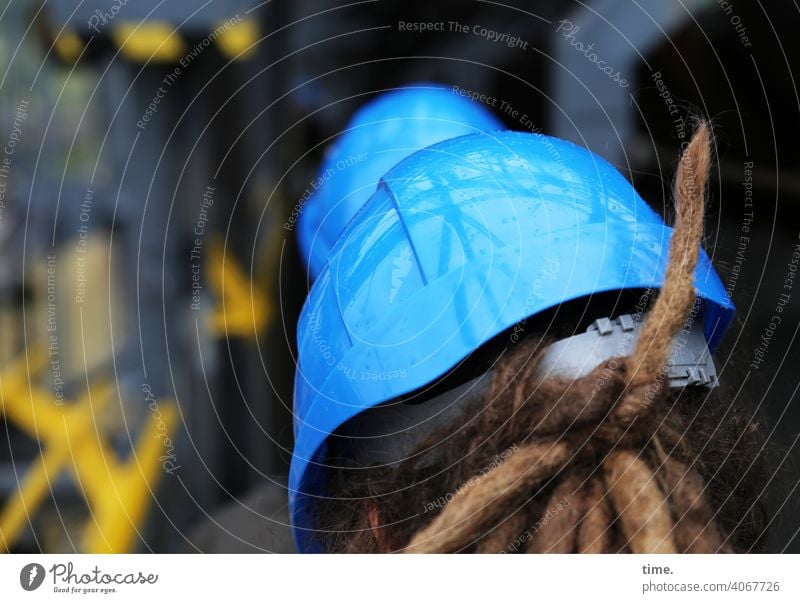 F60 blue helmet with luffing jib Helmet Woman hair hairstyle rastas Protection Safety Headwear Rear view Workplace Industrial plant inspection