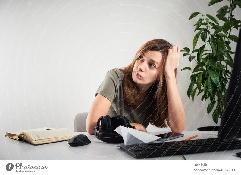 Woman procrastinate at home workplace. Remote work and home office problem freelance online woman lazy business workspace computer organization creative