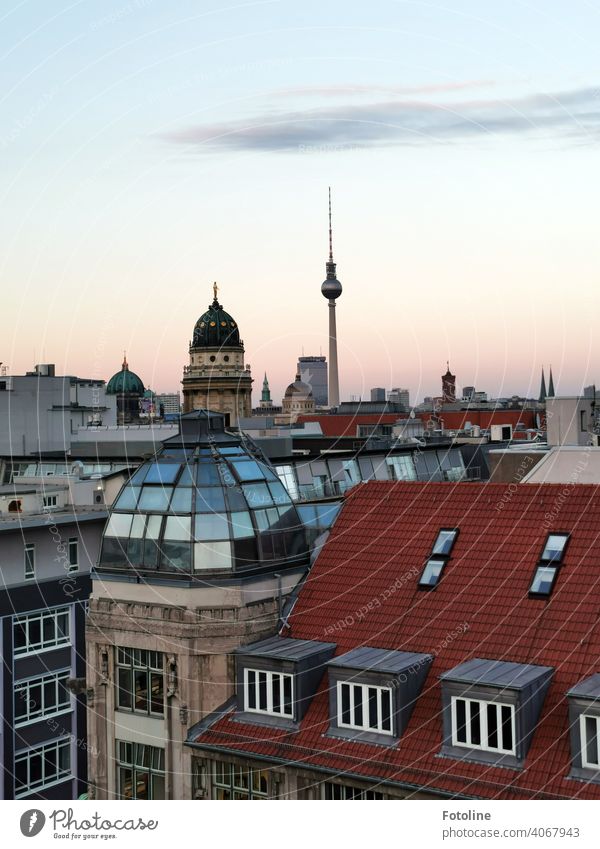 Berlin in the beginning sunset from above with view in the direction of the television tower. II Television tower Berlin TV Tower Alexanderplatz Landmark Sky