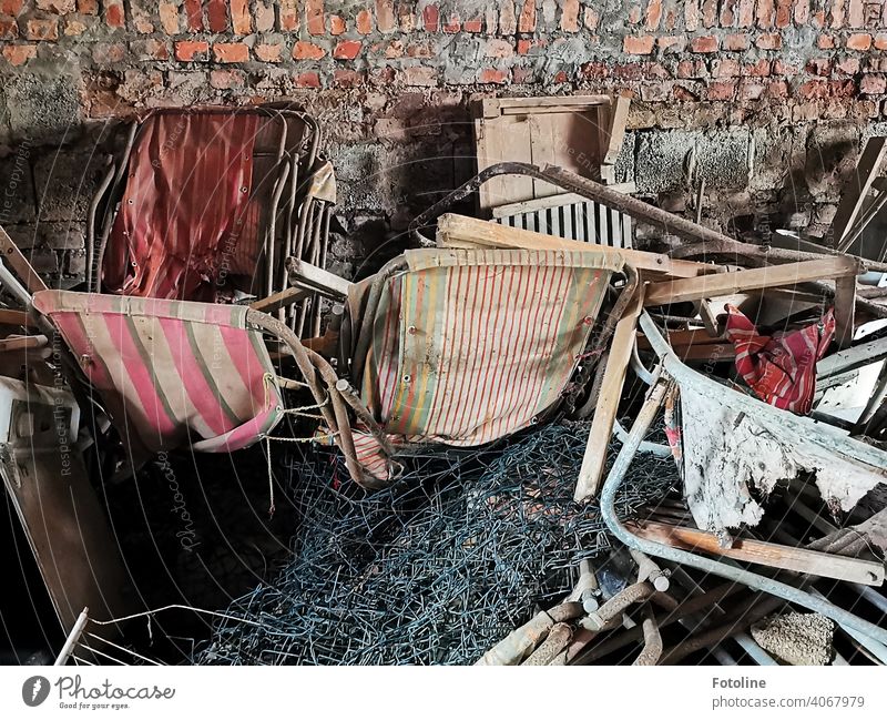 Lost - old deck chairs piled up in a long abandoned outdoor pool somewhere in the middle of nowhere. lost place forsake sb./sth. Old Decline Past Transience