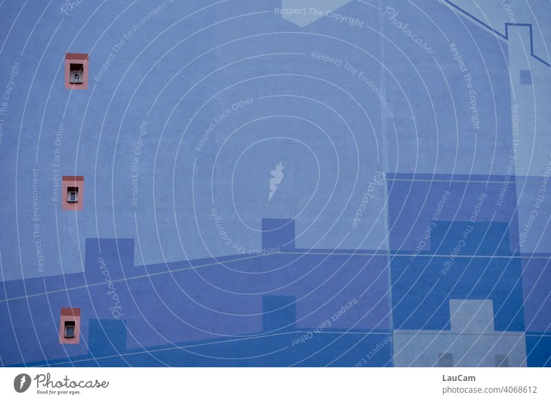 Blue house on a house wall with three pink windows Pink Window Facade House (Residential Structure) Building Exterior shot Deserted Colour photo Wall (building)