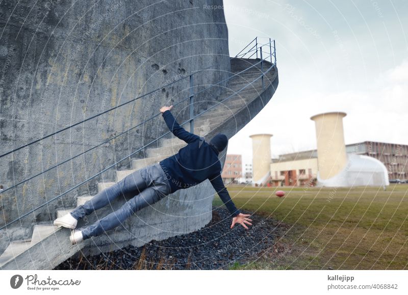 flight tests at the trudel tower Man Flying Adlershof Spin Tower Stairs Winding staircase Concrete Concrete wall Climbing To hold on Colour photo Architecture