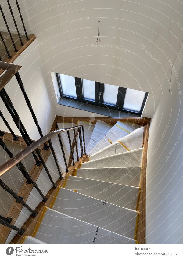 stairs in the middle of it. Stairs wooden staircase Wood Deserted Colour photo Day Interior shot House (Residential Structure) rail Banister Staircase (Hallway)