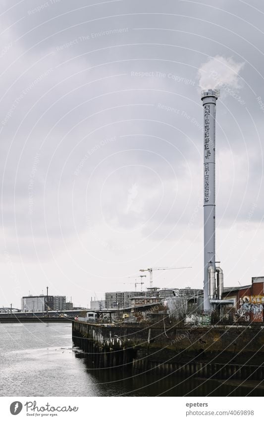 View of an industrial chimney from the Oberhafen Bridge in Hamburg, Germany cloudy copy Copy Space Elbe Gray Harbour Industrial Minimal Moody Old Port rainy