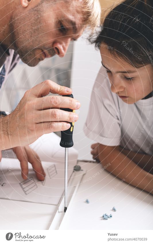 Cute girl and her beautiful father are assembling furniture with a screewdriver. Housework. Front view. Vertical shot. Close-up cute caucasian screwdriver