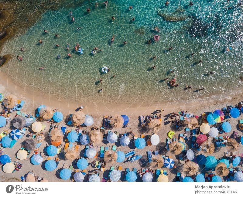 Aerial view of beach on Greek Chalkidiki Khalkidhiki Sithonia Chalkidiki drone seaside coastline Coast Beach Beach vacation Vacation & Travel Vacation mood